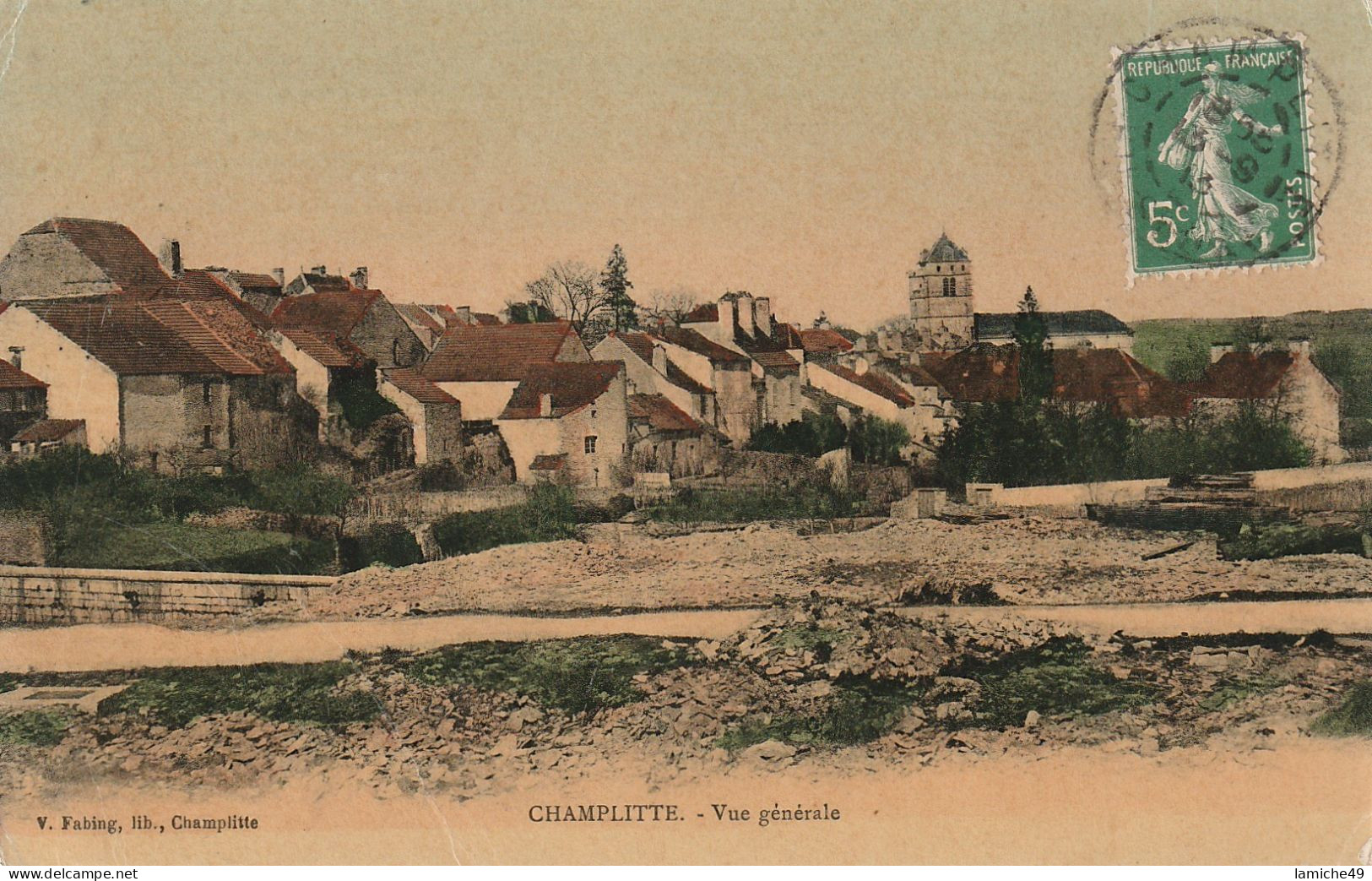 CHAMPLITTE Vue Générale Carte Colorisée Timbre Semeuse 5c  1913 - Champlitte