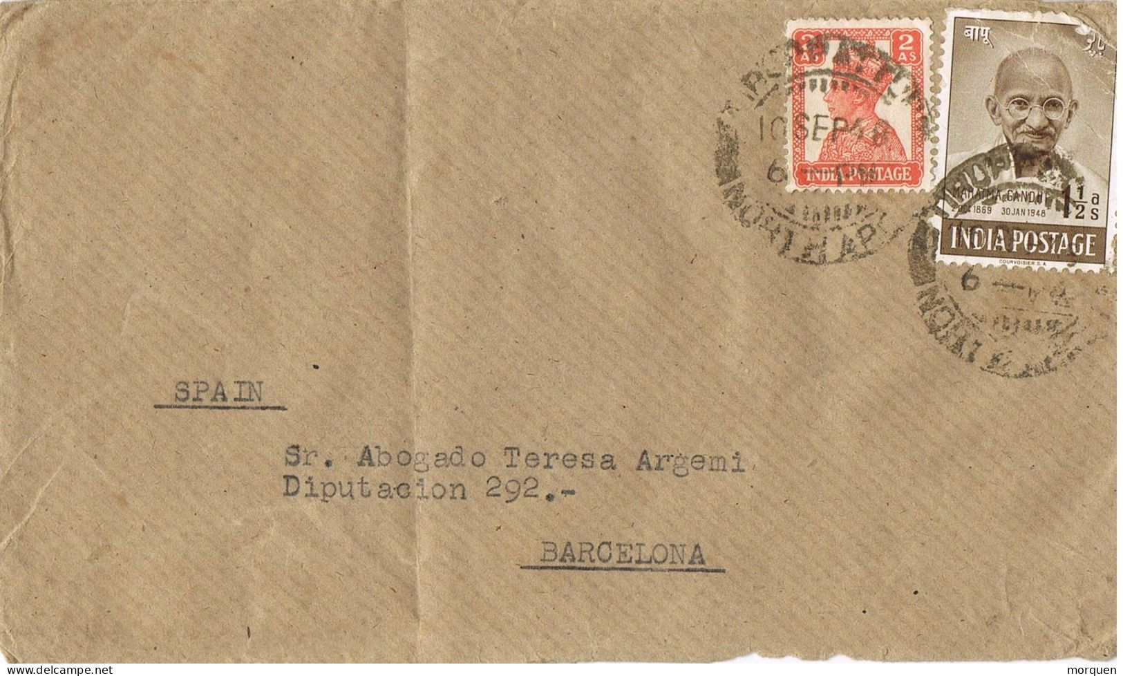 50752. Carta Aerea TIRUPATTUR (India Inglesa) Domibio Britanico 1948. Franqueo Mixto GHANDI Y Rey - Brieven En Documenten