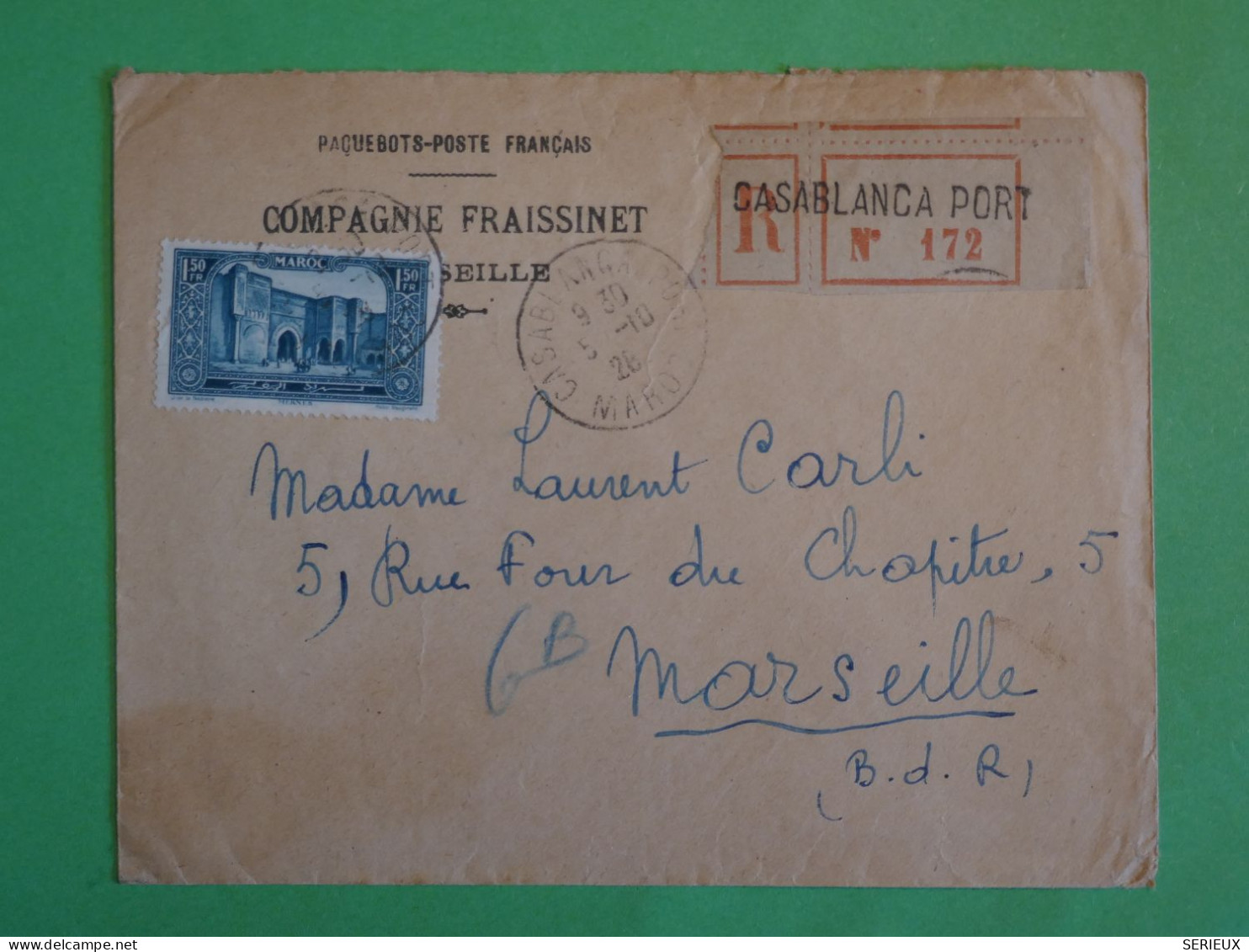 BU21 MAROC  BELLE  LETTRE RR CIE FRAISSINET BATEAU VAPEUR 1926 CASABLANCA A MARSEILLE  FRANCE++ AFF .INTERESSANT+ - Briefe U. Dokumente