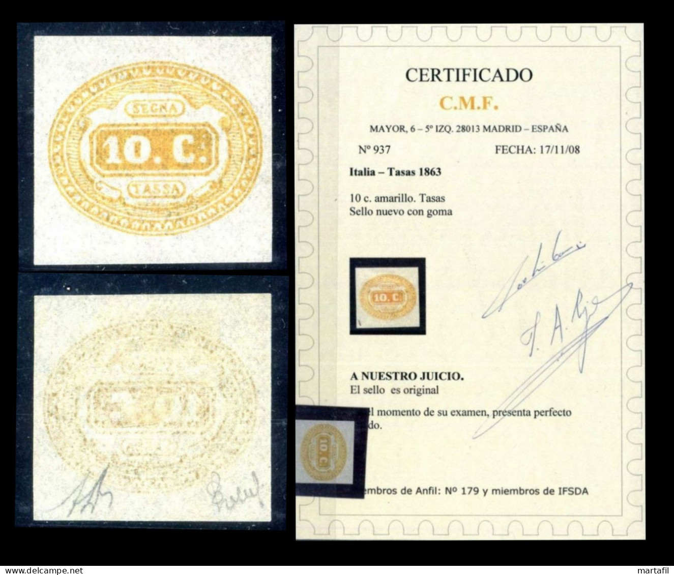 1863 REGNO Segnatasse N.1 * 10 Centesimi Giallo CERTIFICATO (certificado CMF C.M.F.) - Taxe