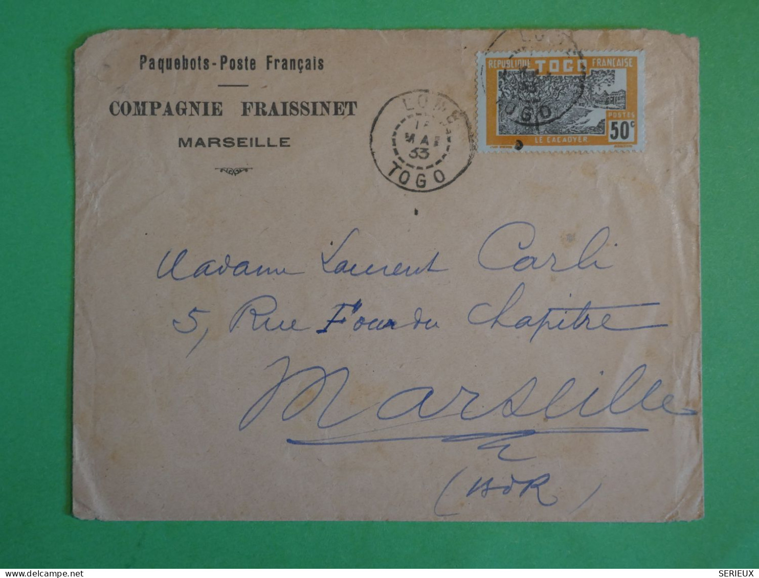 BU21 TOGO  BELLE  LETTRE RR CIE FRAISSINET BATEAU VAPEUR 1933 LOME A MARSEILLE  FRANCE++ AFF .INTERESSANT+ - Cartas & Documentos
