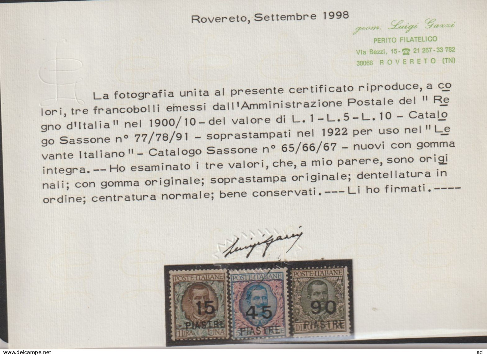 Italia 1922 Levante  3 Valori Nuovi Certificato Gazzi, - Algemene Uitgaven