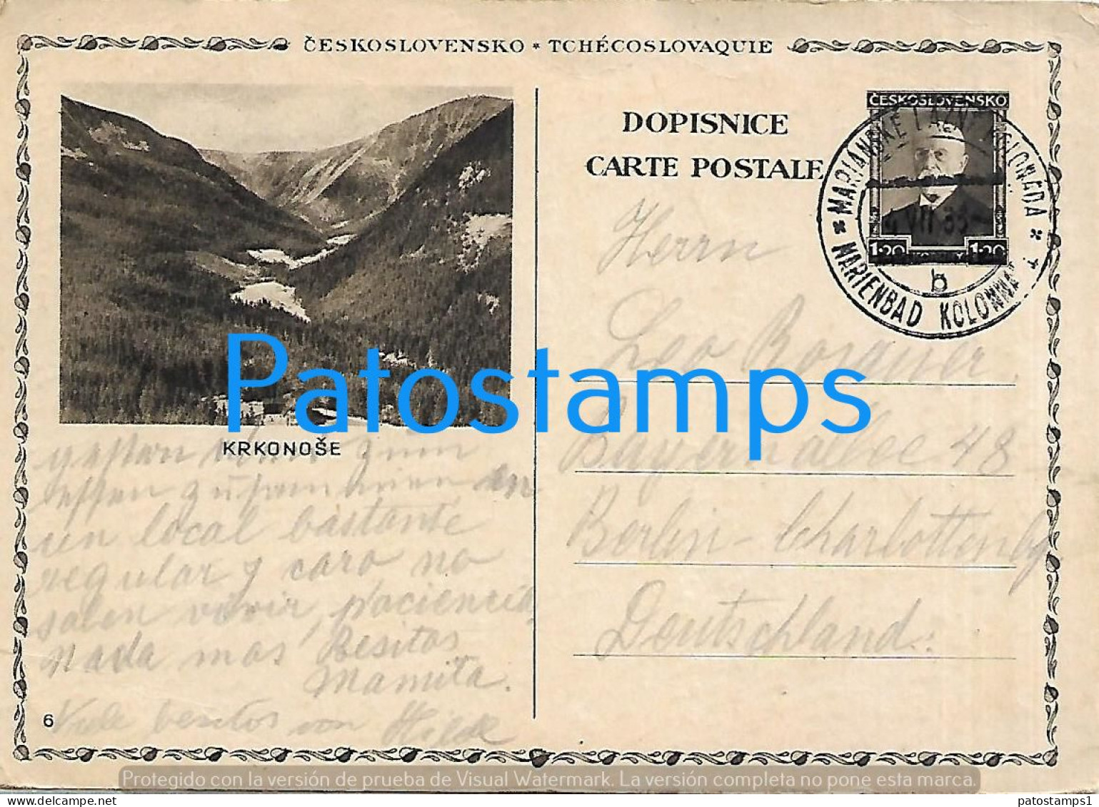 209203 CZECH REPUBLIC KROKONOSE VIEW PARTIAL CIRCULATED TO GERMANY POSTAL STATIONERY POSTCARD - Zonder Classificatie