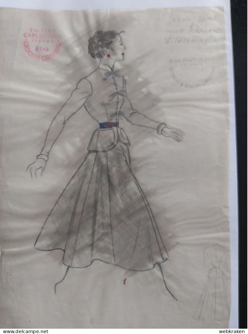 MODA MODELLI ORIGINALI DIPINTI A MANO CROQUIS ORIGINAL VIENNA CARL GOSCHL ANNI 40 CIRCA - Cartamodelli