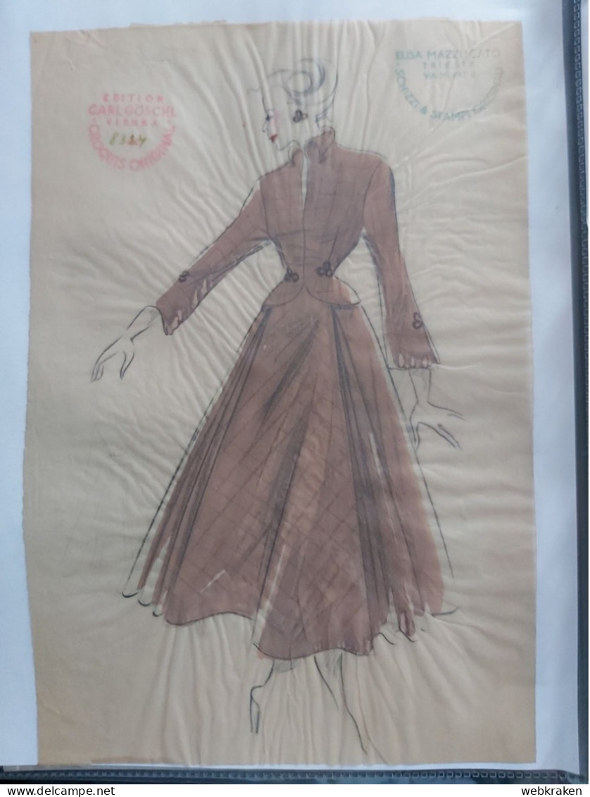 MODA MODELLI ORIGINALI DIPINTI A MANO CROQUIS ORIGINAL VIENNA CARL GOSCHL ANNI 40 CIRCA - Cartamodelli