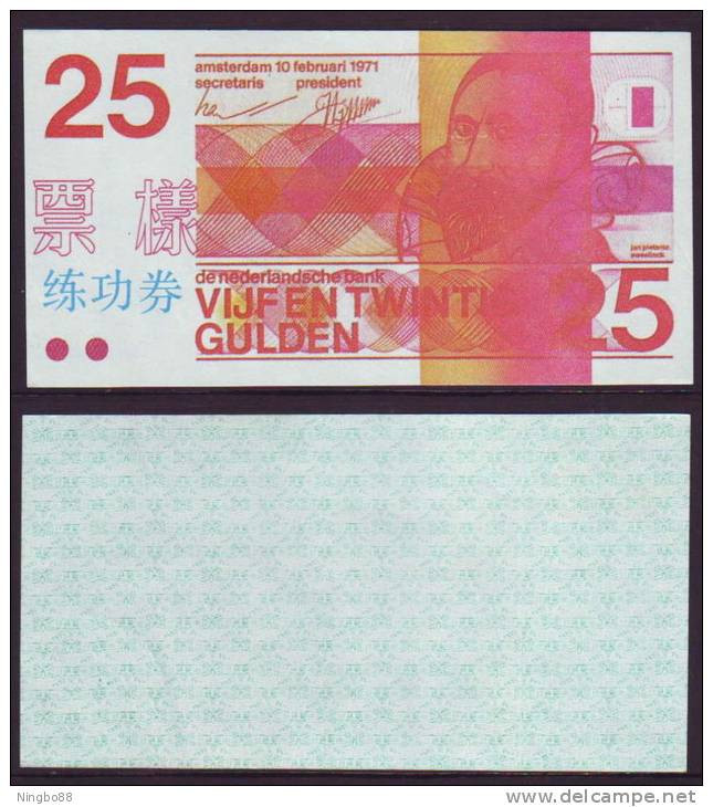 China BOC Bank Training/test Banknote,Netherlands Holland A Series 25 Gulden Note Specimen Overprint,Original Size - [6] Fakes & Specimens