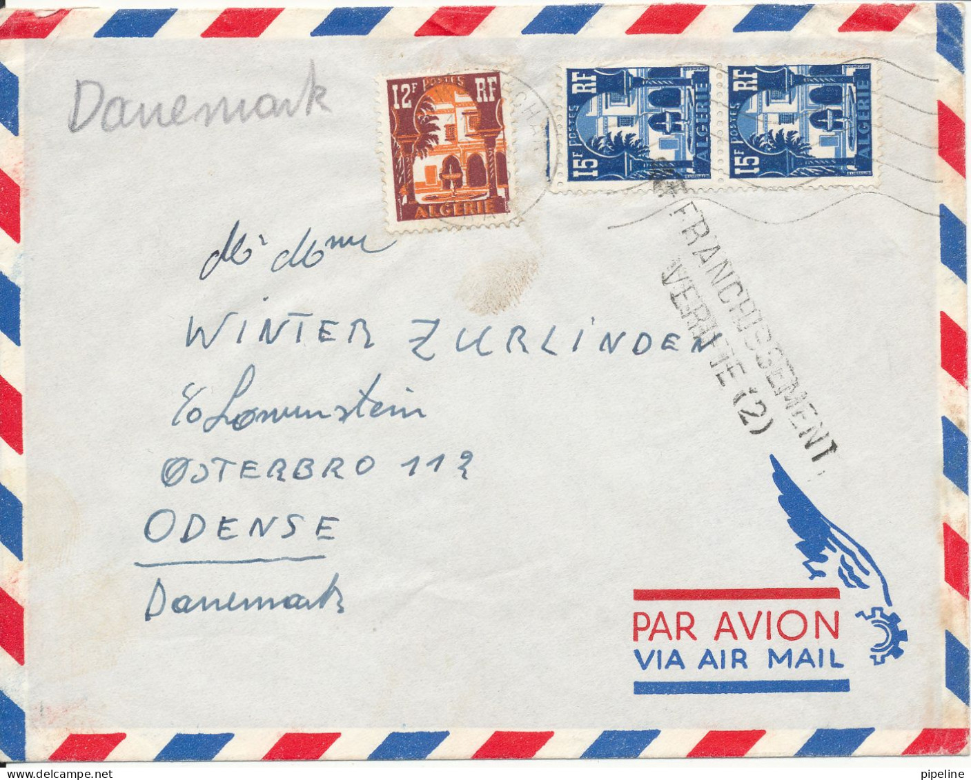 Algeria Air Mail Cover Sent To Denmark (2 Of The Stamps Are Damaged And The Flap On The Backside Of The Cover Is Cut Of) - Aéreo
