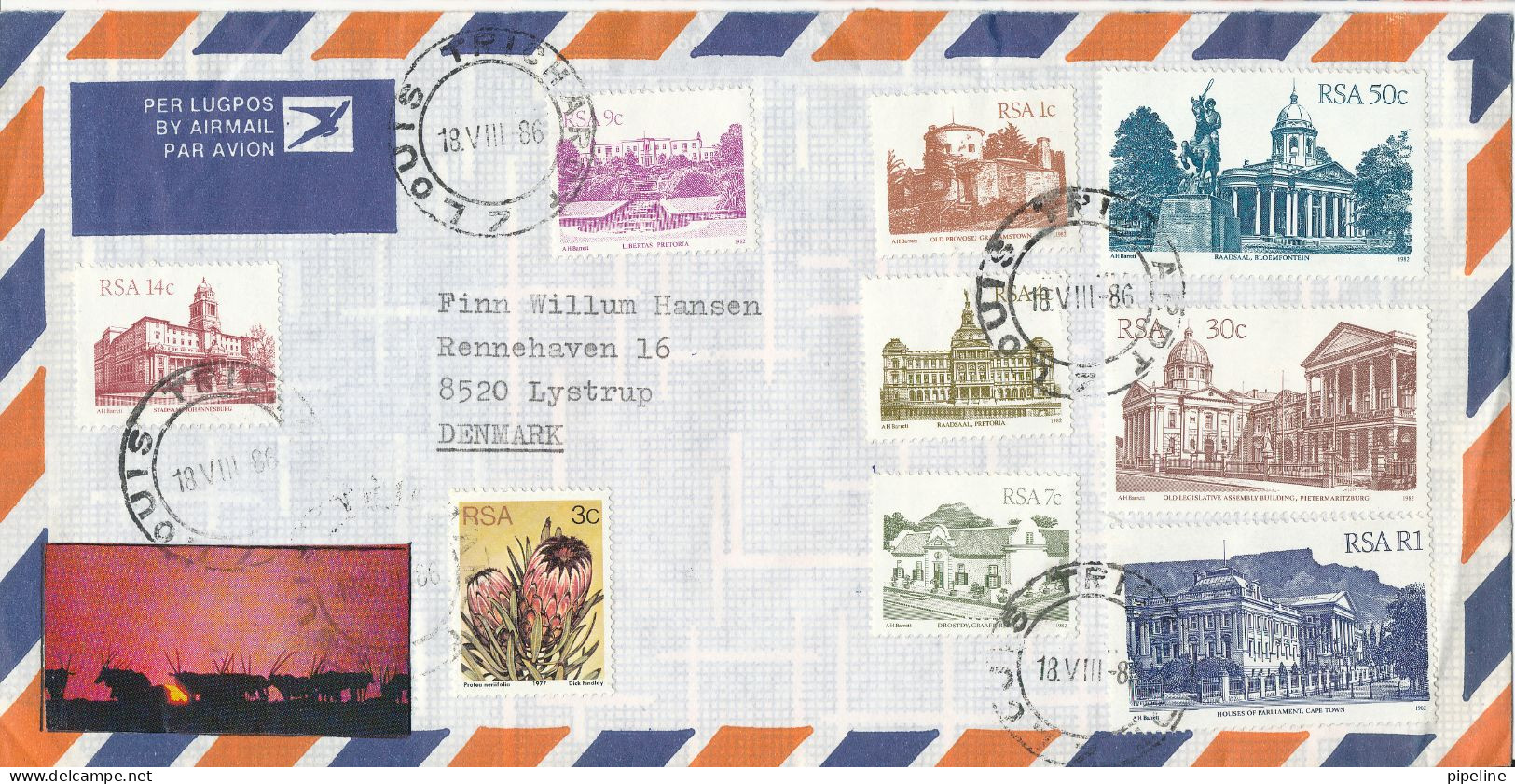 South Africa RSA Air Mail Cover Sent To Denmark Louis Trichardt 18-8-1987 With A Lot Of Stamps - Airmail