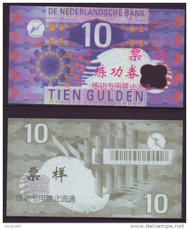 China BOC Bank Training/test Banknote,Netherlands Holland B Series 10 Gulden Note Specimen Overprint,Original Size - [6] Fakes & Specimens