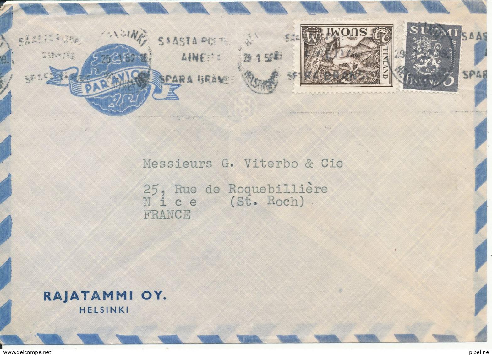 Finland Air Mail Cover Sent To France 1952  (the Cover Is Folded) - Cartas & Documentos