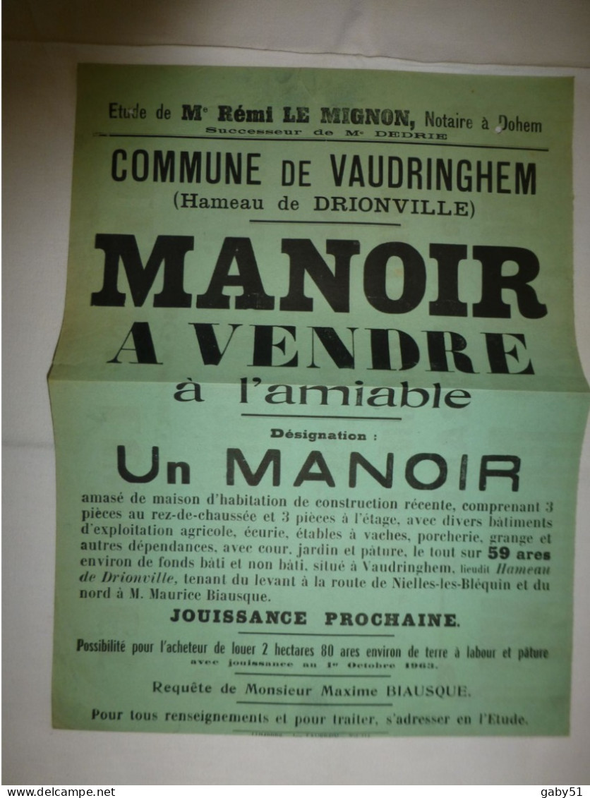 62 VAUDRINGHEM,  Vente D'un Manoir à Drionville, Affiche Ancienne ORIGINALE, Ref 1392   ; A 31 - Afiches