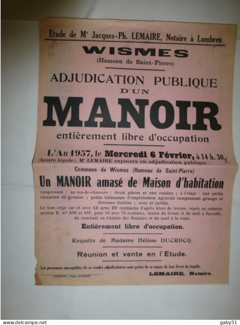 62 WISMES Hameau Saint-Pierre, Vente D'un Manoir  1957 Affiche Ancienne ORIGINALE, Ref 1390  ; A 31 - Afiches