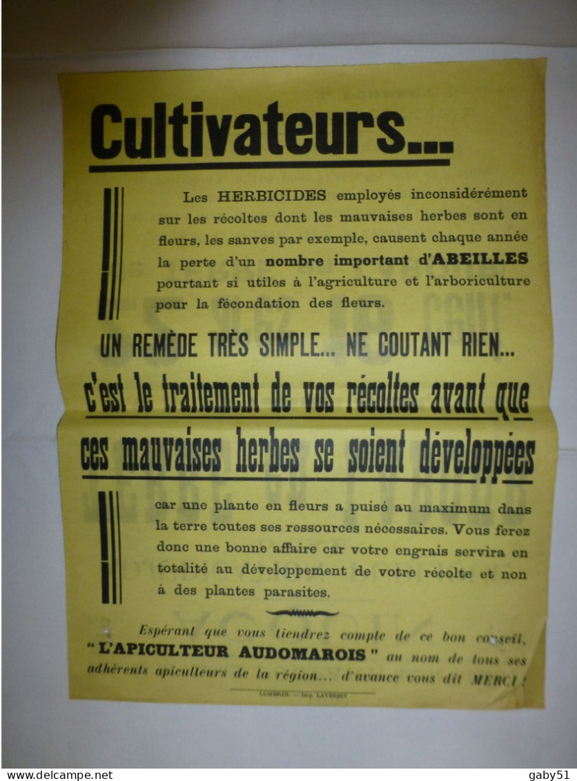 62 ACQUIN Vente Terre De Labours Au Chemin Français 1957, Et PUB Abeilles  Affiche Ancienne ORIGINALE, Ref 1388  ; A 31 - Afiches