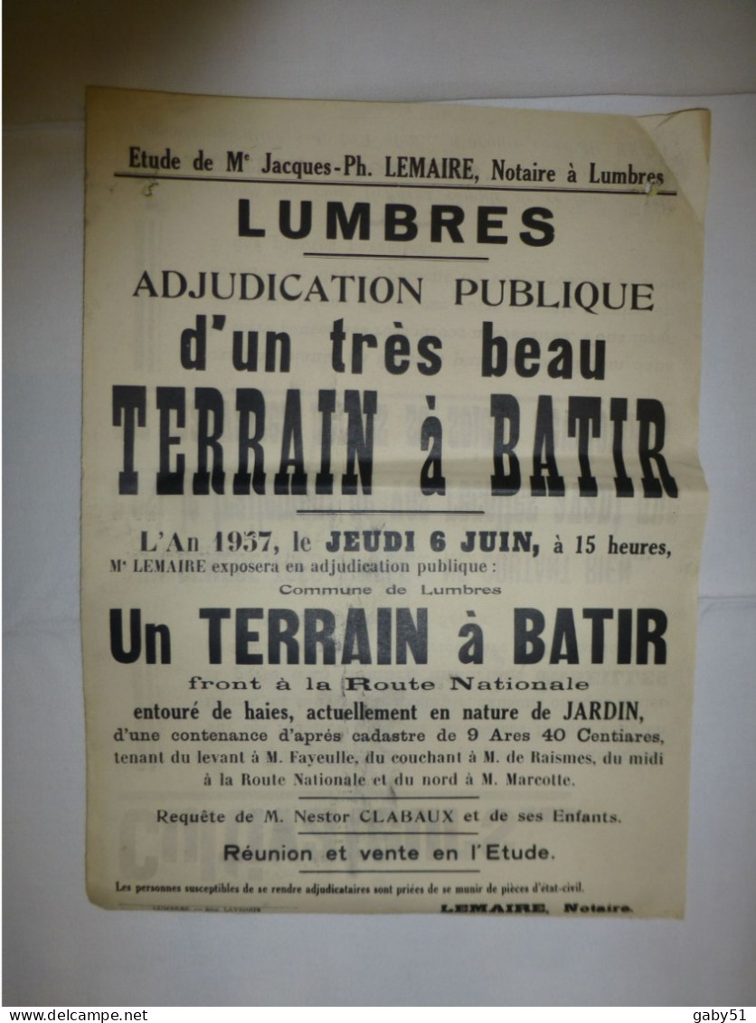 62 LUMBRES Vente Terrain Route Nationale 1957, Et PUB Abeilles Audomarois  Affiche Ancienne ORIGINALE, Ref 1387 ; A 31 - Afiches