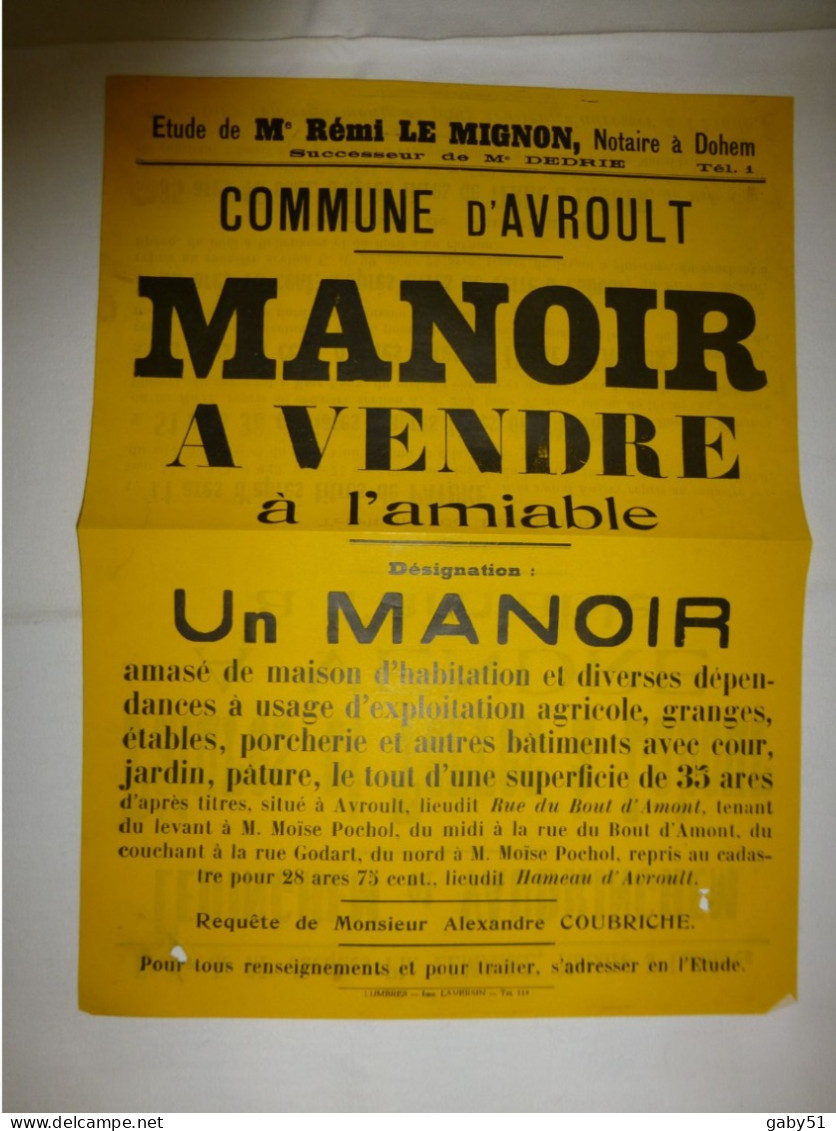 62AVROULT Vente Manoir  Et LEDINGHEM Divers Terres Vers 1960 Affiche Ancienne ORIGINALE, Ref 1393 ; A 31 - Afiches