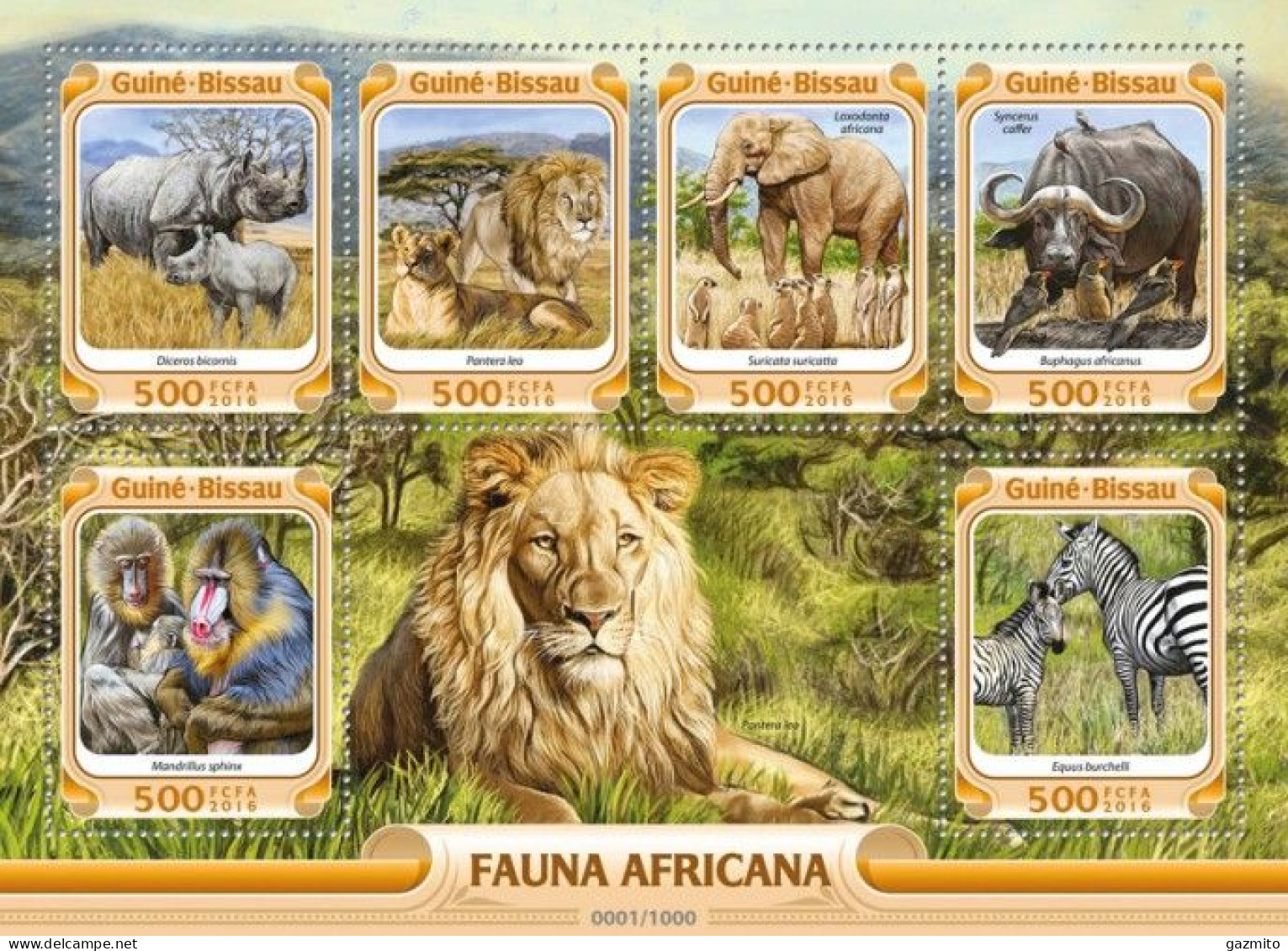 Guinea Bissau 2016, Animals In Africa, Lions, Rhino, Lions, Elephant, Buffalo, Baboon, 6val In BF - Rhinoceros