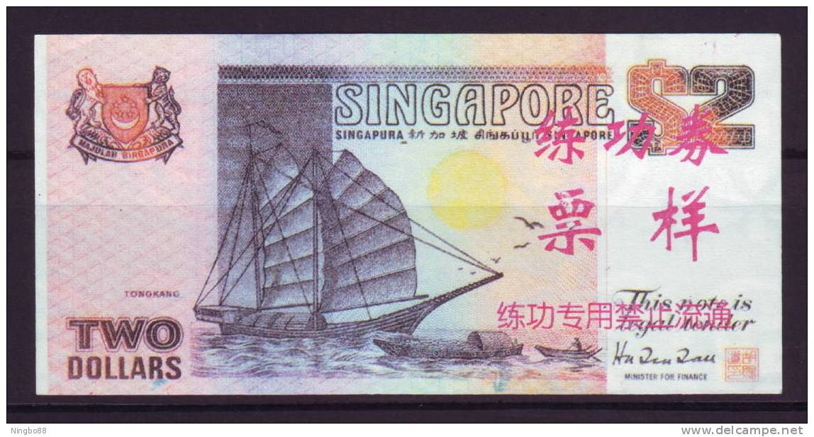 China BOC (bank Of China) Training/test Banknote,Singapore 2$ Note B Series Specimen Overprint,original Size - Singapour