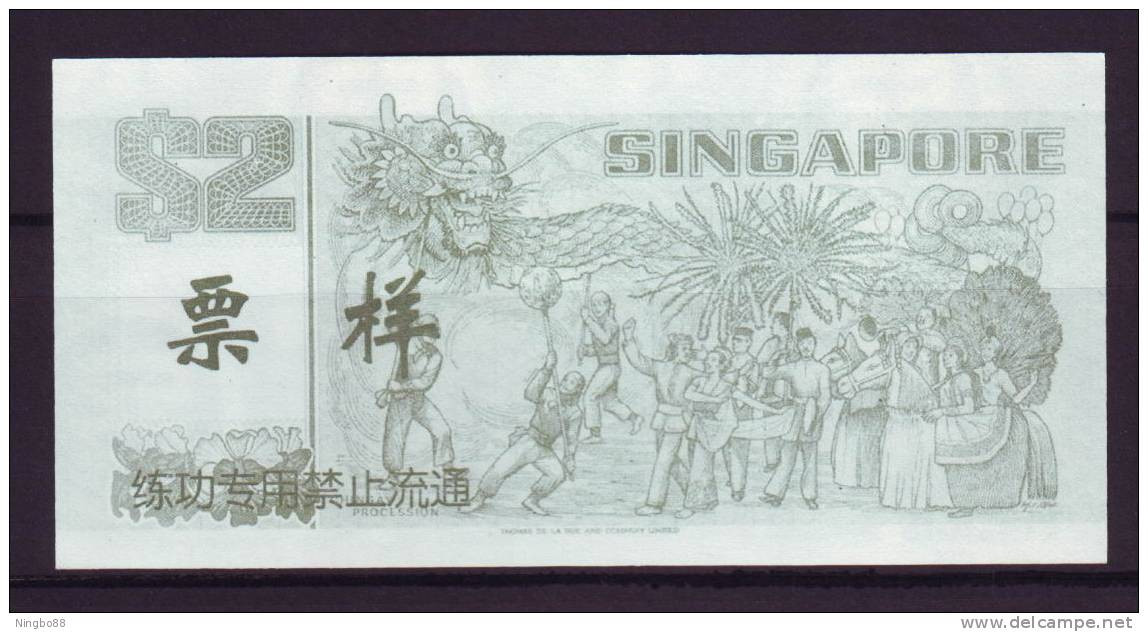China BOC (bank Of China) Training/test Banknote,Singapore 2$ Note B Series Specimen Overprint,original Size - Singapur