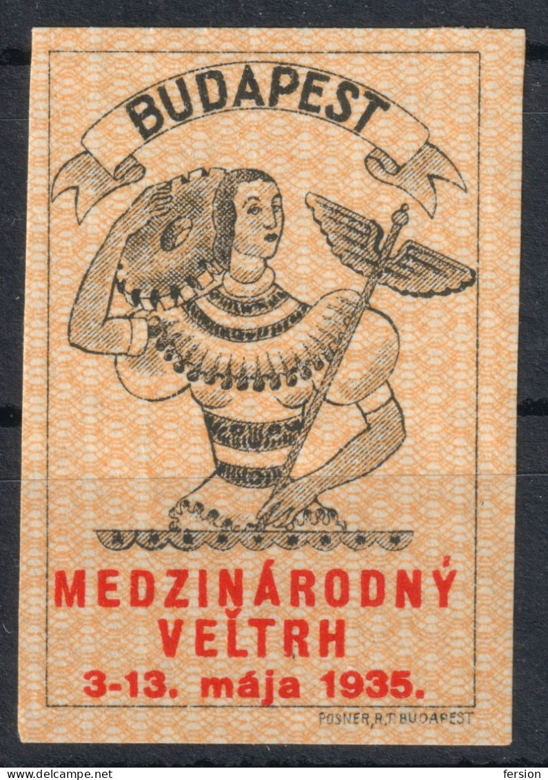 VELTRH Czechoslovakia COGWHEEL Caduceus Greek Mythology 1935 Hungary Budapest Fair LABEL CINDERELLA VIGNETTE Posner - Other & Unclassified