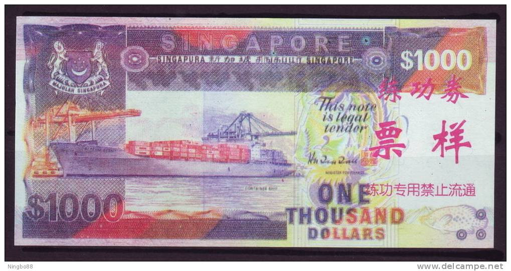 China BOC (bank Of China) Training/test Banknote,Singapore 1000$ Note B Series Specimen Overprint,original Size - Singapour