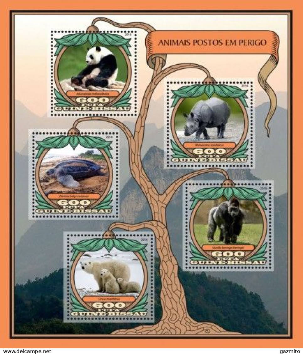 Guinea Bissau 2016, Animals, In Danger, Panda, Turtle, Gorilla, Polar Bear, Val In BF - Gorilles