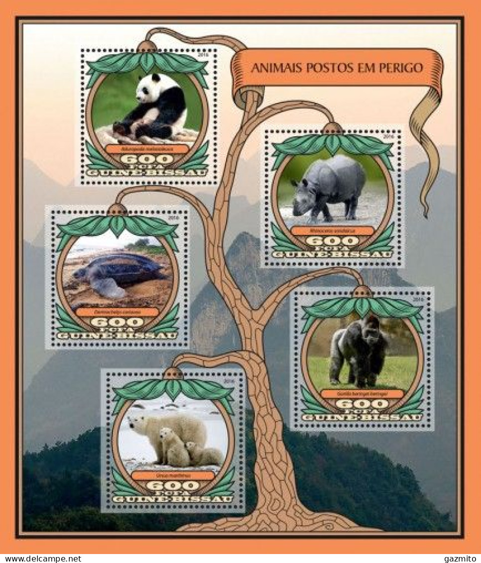 Guinea Bissau 2016, Animals, In Danger, Panda, Turtle, Gorilla, Polar Bear, Val In BF - Rhinocéros