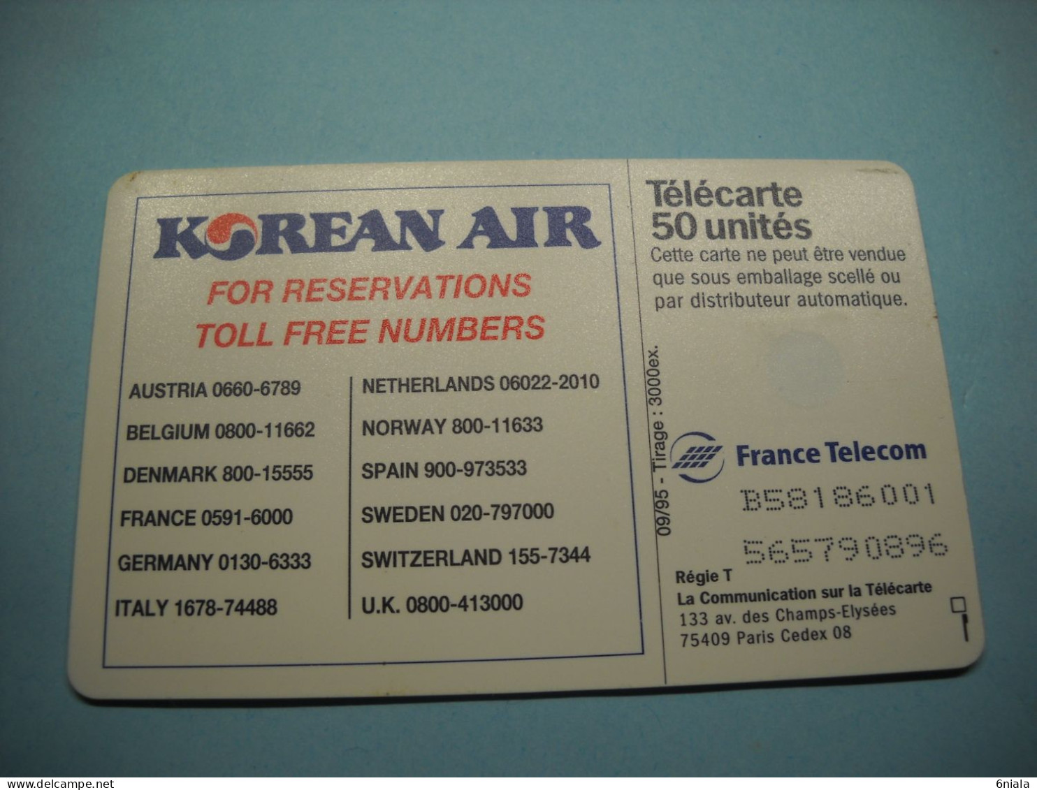 7596 Télécarte  Collection AVIATION  AVION  KOREAN AIR 3000 Ex 09/ 95   ( 2 Scans ) 50 U - Airplanes