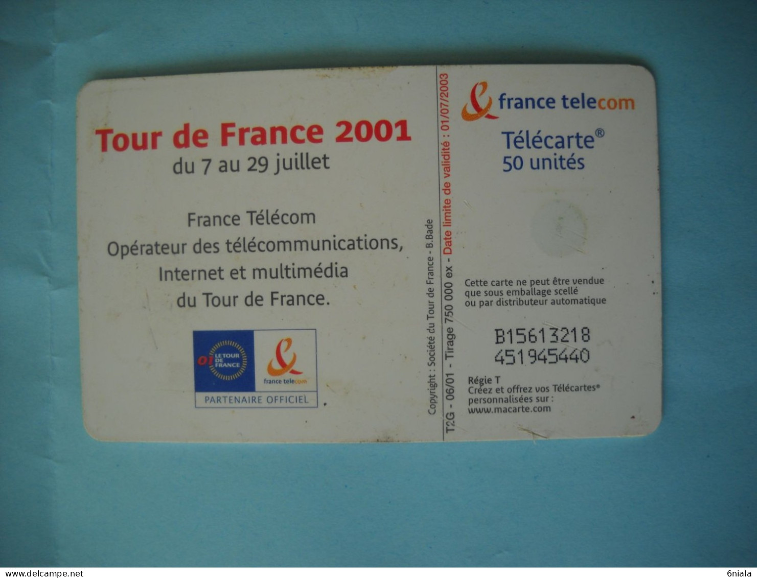 7598 Télécarte  Collection Cyclisme Tour De FRANCE 2001  Vélo   (scans Recto Verso) 50 U - Sport