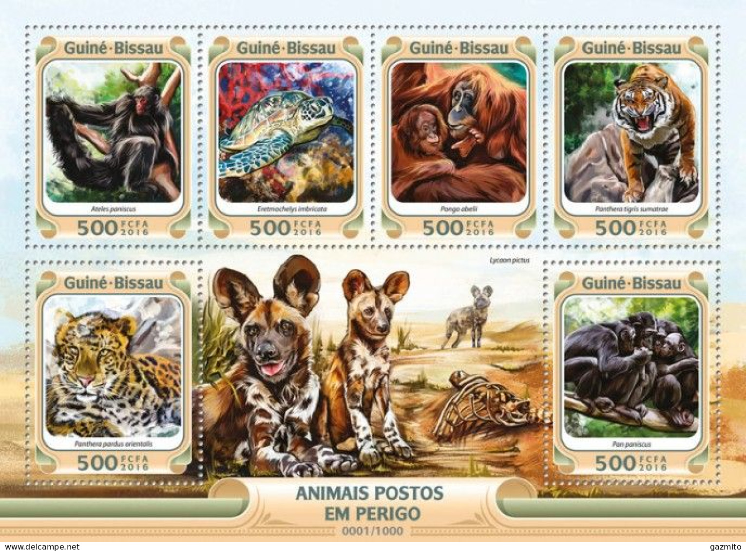 Guinea Bissau 2016, Animals, In Danger, Monkey, Turtle, Horan Gutan, 6val In BF - Gorilles