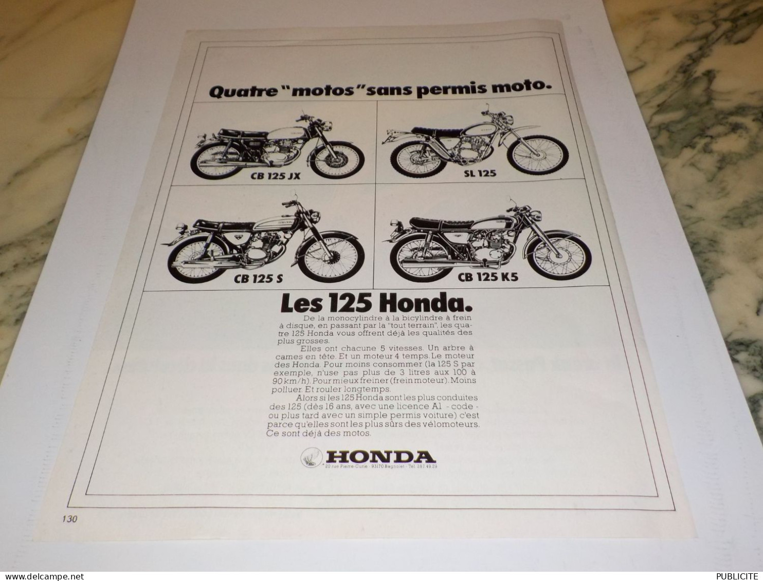 ANCIENNE PUBLICITE 4 MOTOS SANS PERMIS MOTO HONDA 125  1971 - Moto