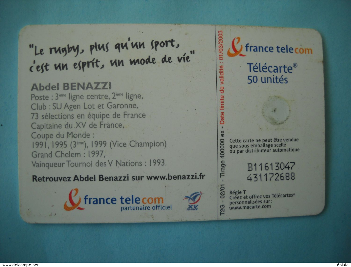 7620 Télécarte  Collection Abdel BENAZZI  SPORT RUGBY   ( 2 Scans ) 50 U - Deportes