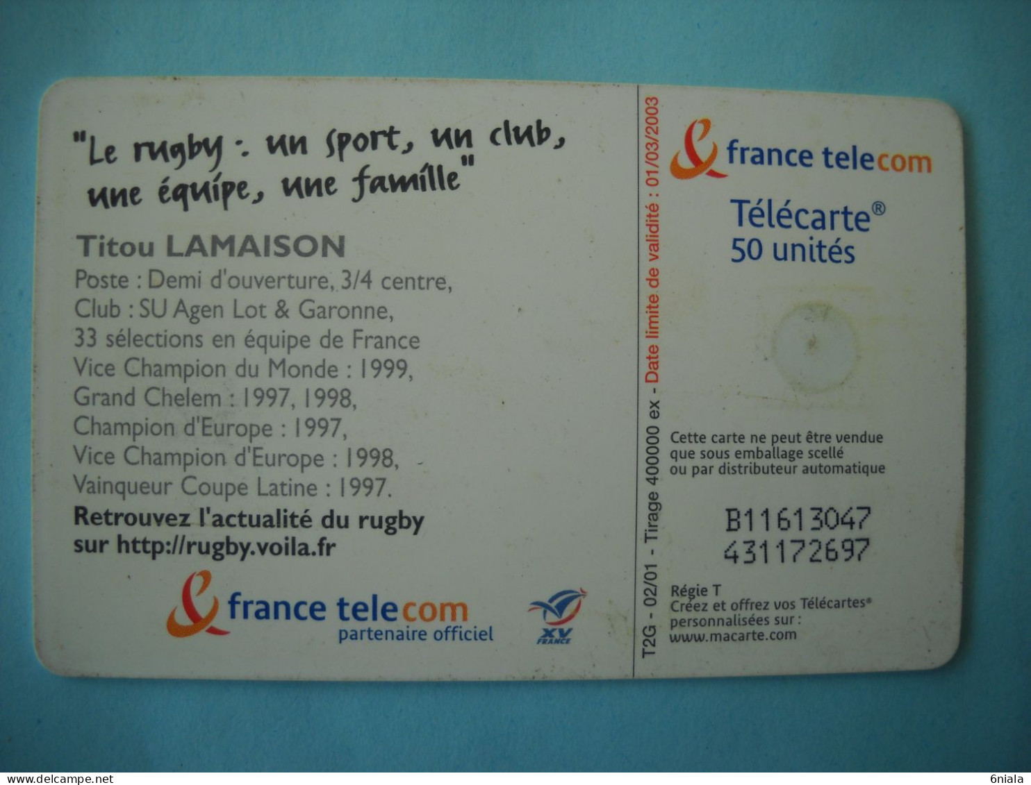 7621 Télécarte  Collection Titou LAMAISON   SPORT RUGBY   ( 2 Scans ) 50 U - Deportes