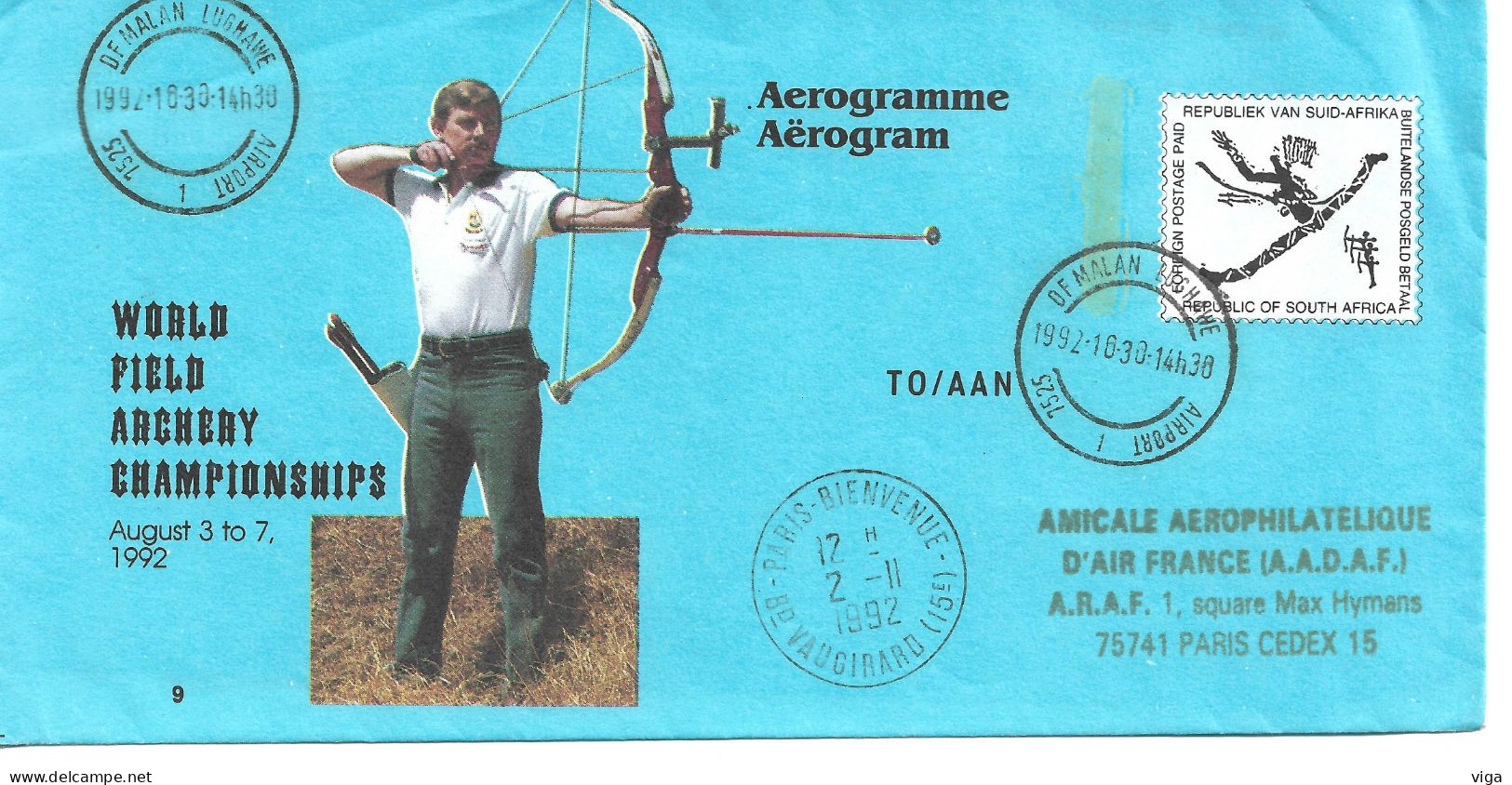 AEROGRAMME D'AFRIQUE DU SUD CHAMPIONNATS DE MONDE DE TIR A L'ARC 2 11 1992  BOEING 747  SUPERBE - Tir à L'Arc