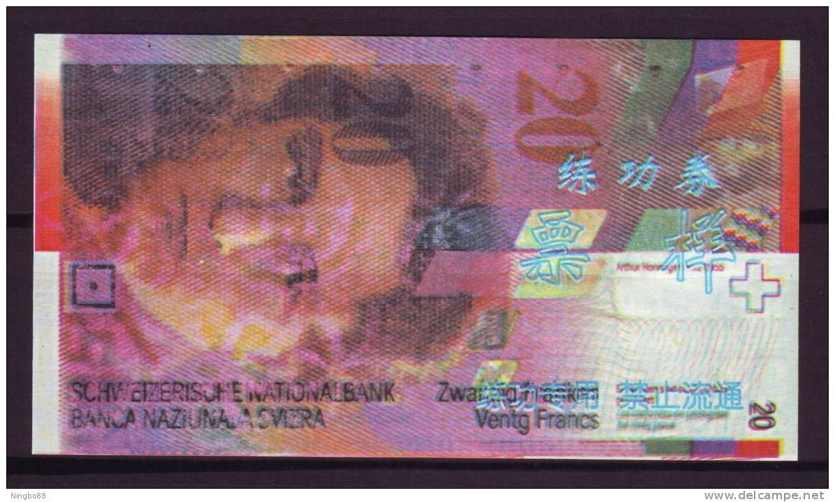 China BOC (bank Of China) Training/test Banknote,Switzerland Schweiz 20 SFR Note Specimen Overprint - Switzerland