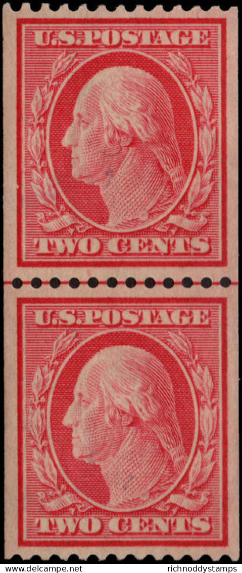 USA 1908-10 2c Carmine Guide-line Coil Pair Upper Stamp Unmounted Mint. - Unused Stamps