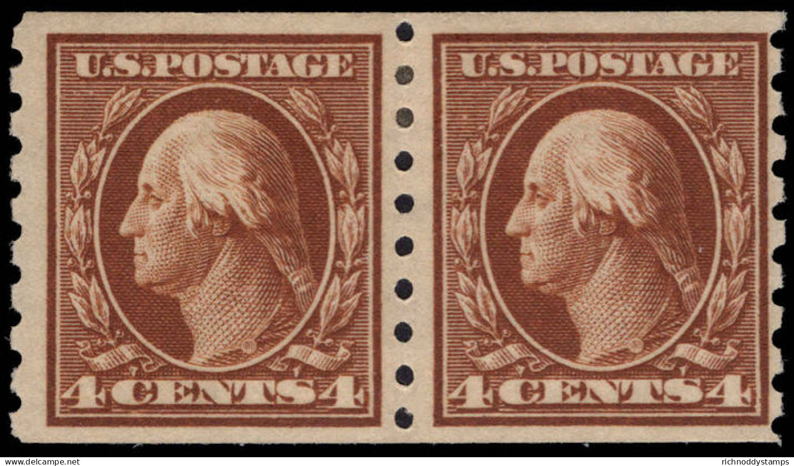 USA 1912 4c Brown 3mm Spacing Perf 8   Coil Joint Line Pair Lightly Mounted Mint. - Unused Stamps