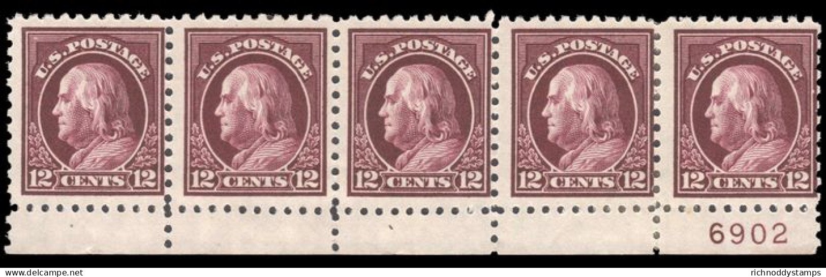 USA 1916 12c Claret-brown In Fine Plate Strip Of 5 Perf 10 No Wmk. Unmounted Mint (plate Single Is Hinged). - Unused Stamps