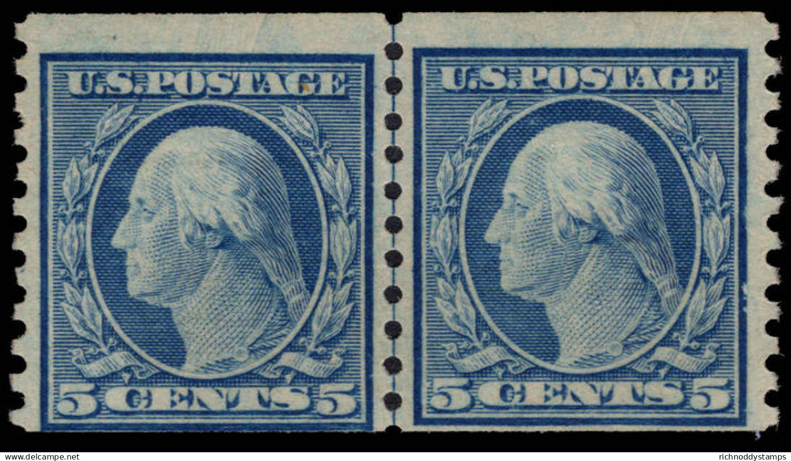 USA 1919 5c Blue Coil Small Holes Variety (Scott 496a) Joint Line Pair Fine Unmounted Mint. - Unused Stamps