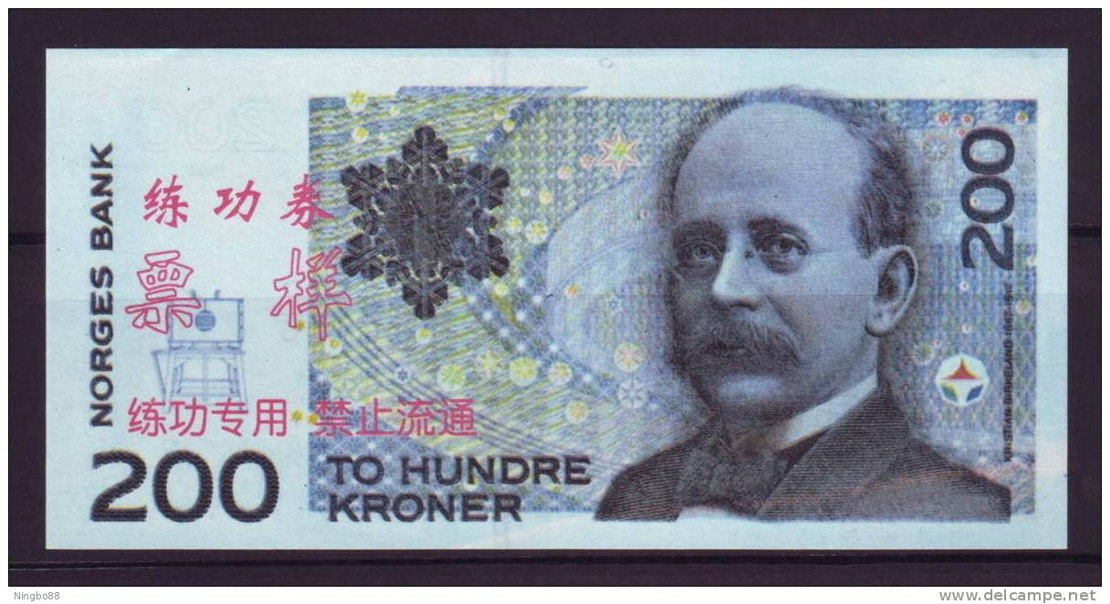 China BOC Bank (bank Of China) Training/test Banknote,Norway Norge 200 Kroner Note Specimen Overprint - Norway