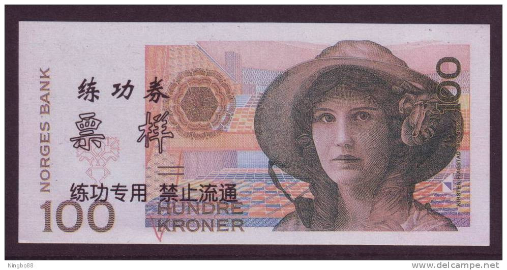 China BOC Bank (bank Of China) Training/test Banknote,Norway Norge 100 Kroner Note Specimen Overprint - Norway