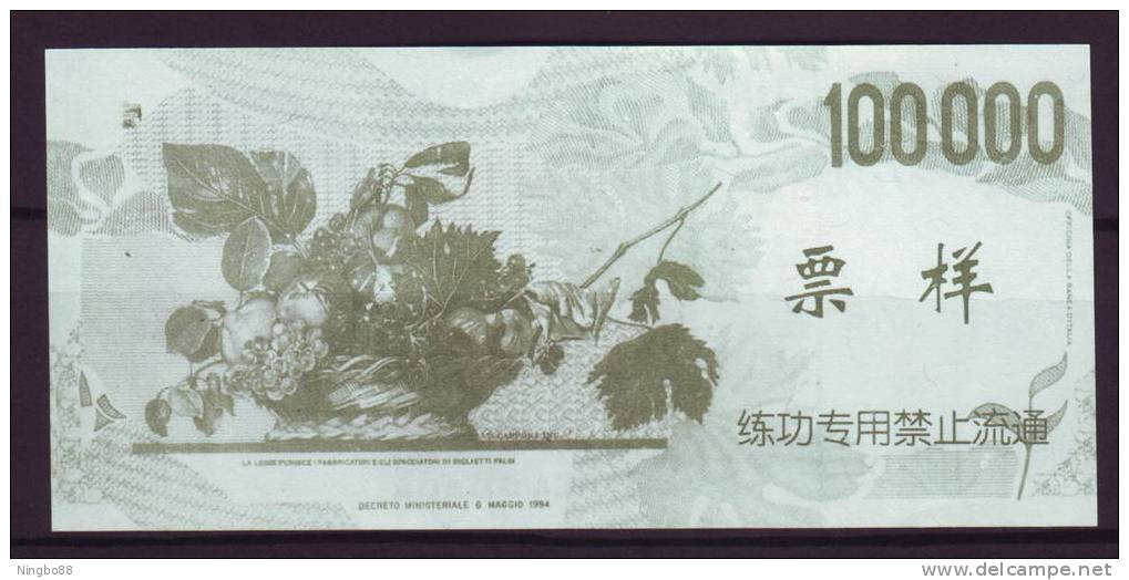 China BOC (bank Of China) Training/test Banknote,ITALY ITALIA 100000 Lire Note Specimen Overprint - [ 8] Fakes & Specimens