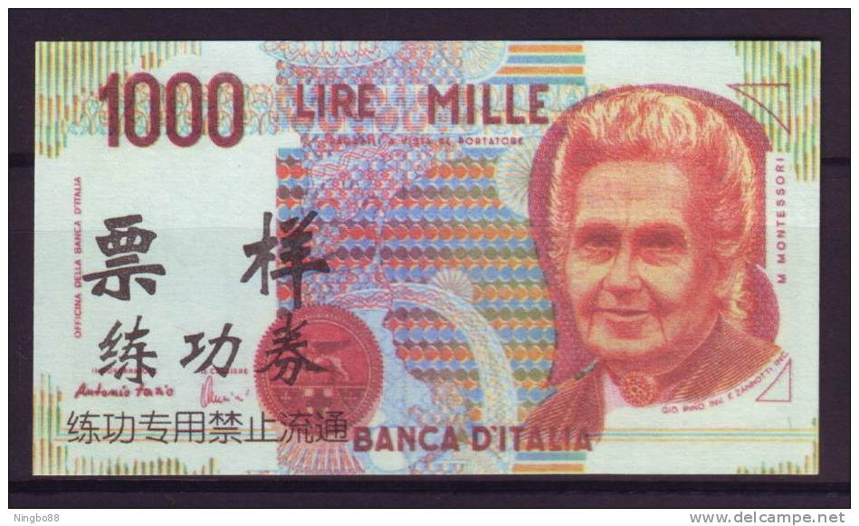 China BOC (bank Of China) Training/test Banknote,ITALY ITALIA 1000 Lire Note Specimen Overprint - [ 8] Fakes & Specimens