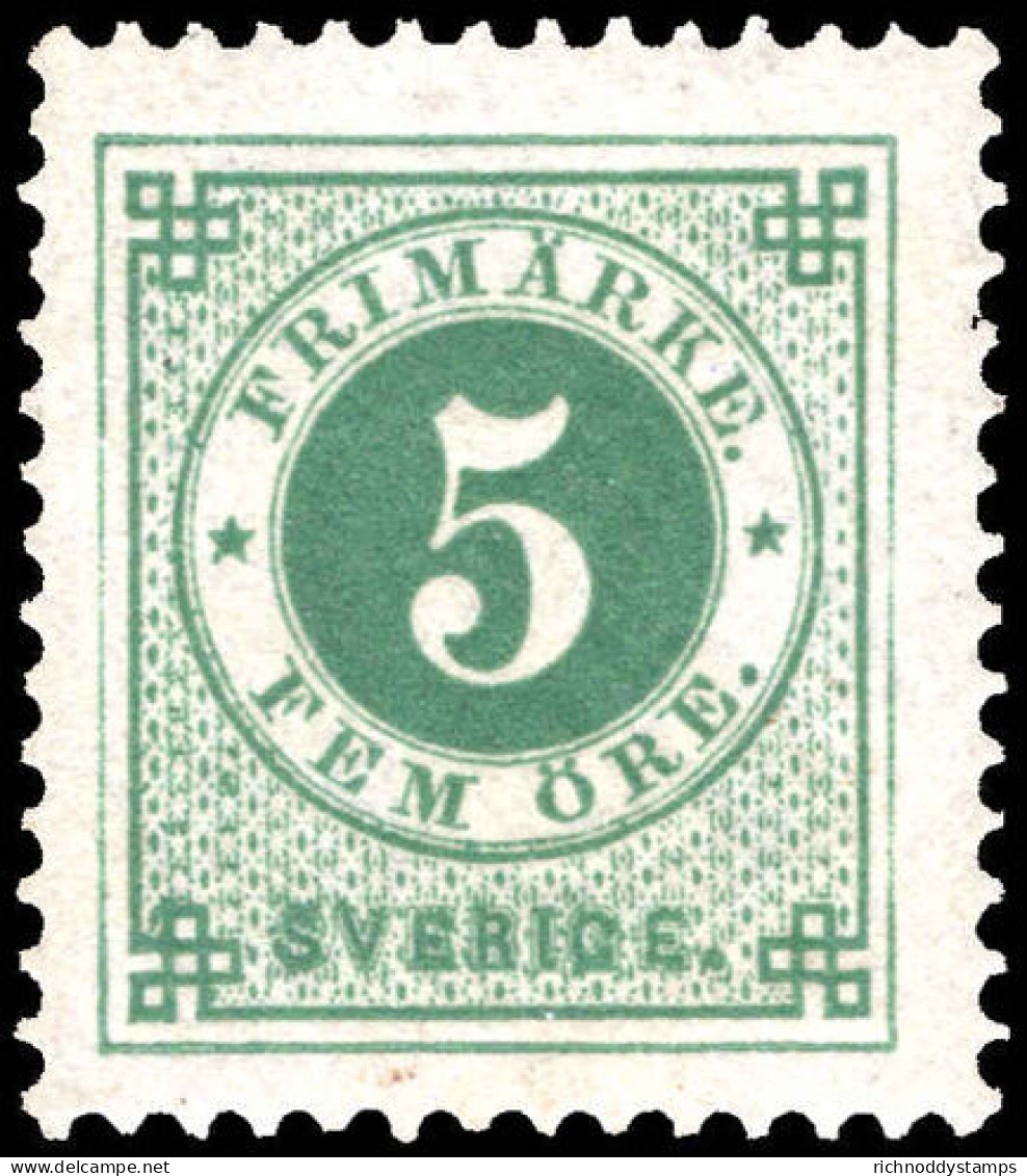 Sweden 1886-91 5 Ore Blue-green With Blue Posthorn Fime Unmounted Mint. - Ungebraucht