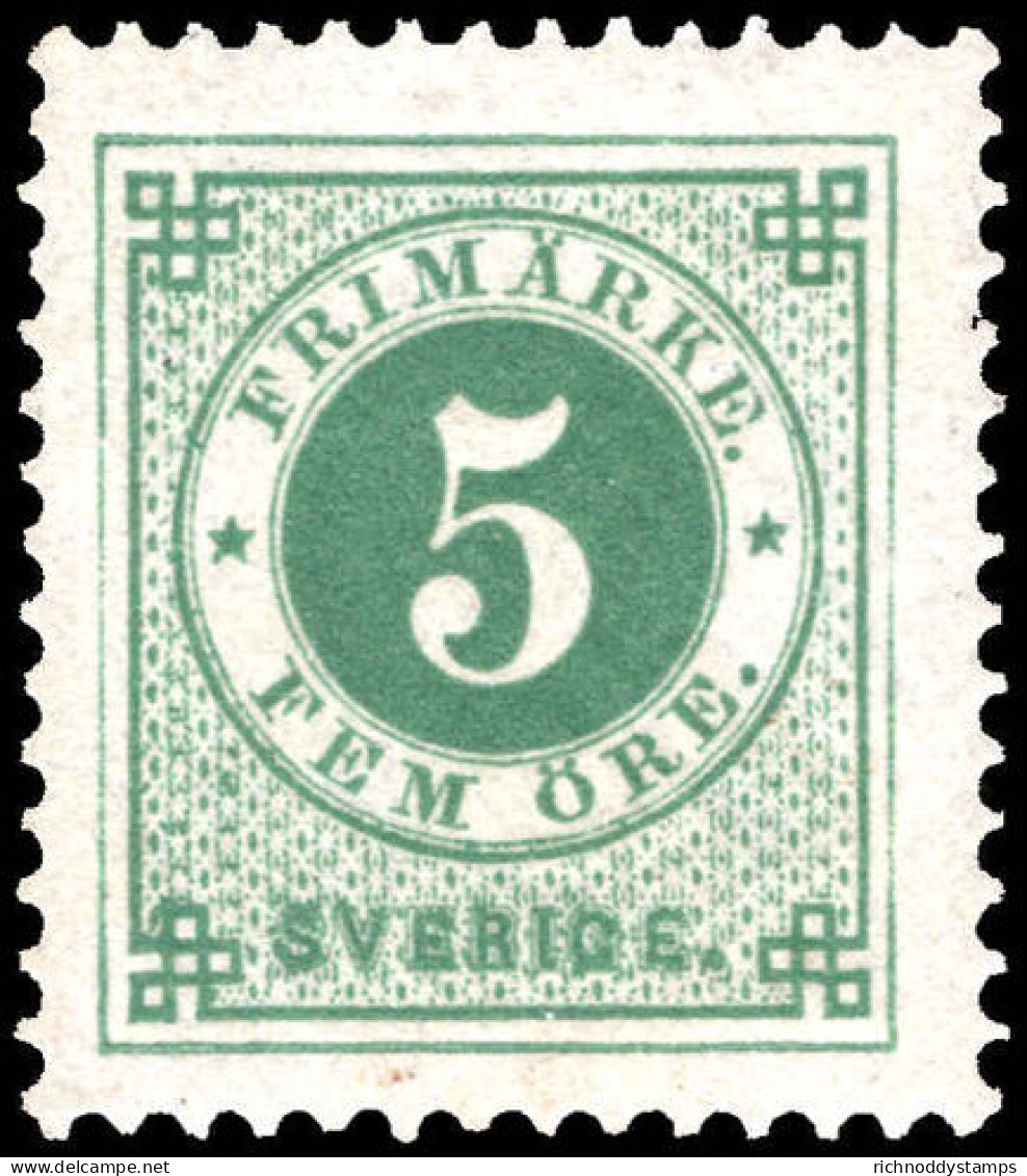Sweden 1886-91 5 Ore Blue-green With Blue Posthorn Fime Unmounted Mint. - Neufs