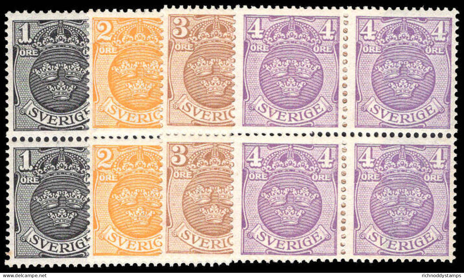 Sweden 1910-19 Crowns Wmk Wavy Line Set In Unmounted Mint Blocks Of 4. - Ongebruikt