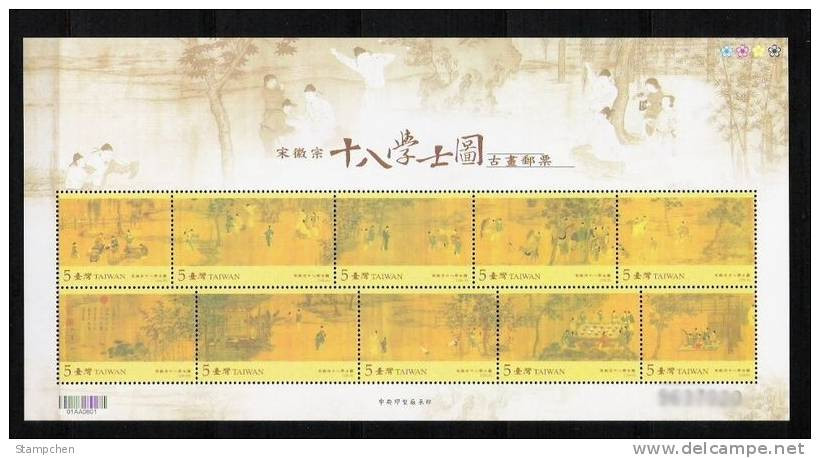 Taiwan 2007 Ancient Chinese Painting -18 Scholars Stamps Music Bonsai Tea Wine Pine Chess - Hojas Bloque