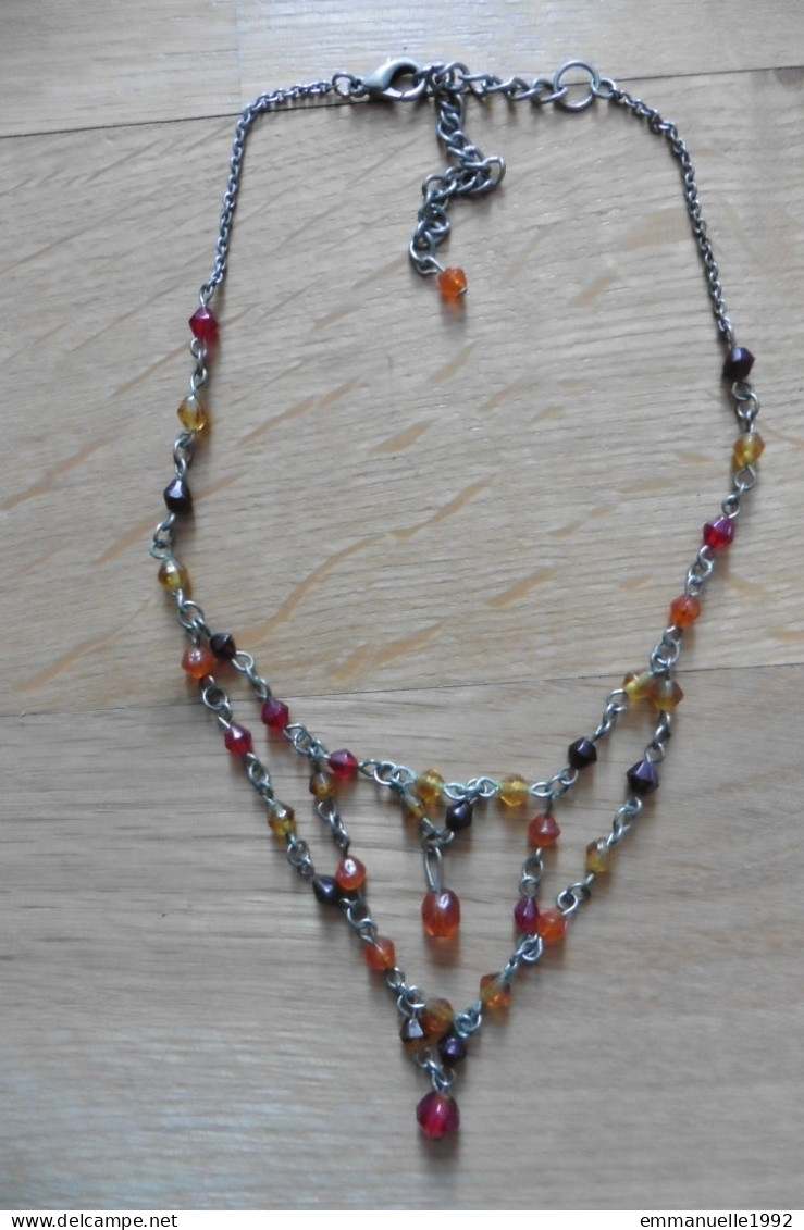 Collier 70s Ras De Cou Réglable Chaîne Métal Argenté Perles Cristaux Fantaisie Rouge Orange Jaune - Kettingen