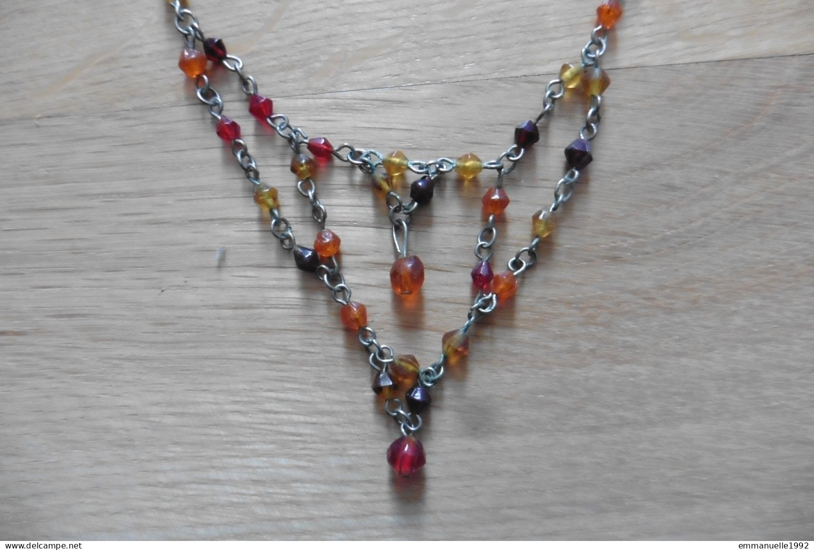 Collier 70s Ras De Cou Réglable Chaîne Métal Argenté Perles Cristaux Fantaisie Rouge Orange Jaune - Collares/Cadenas