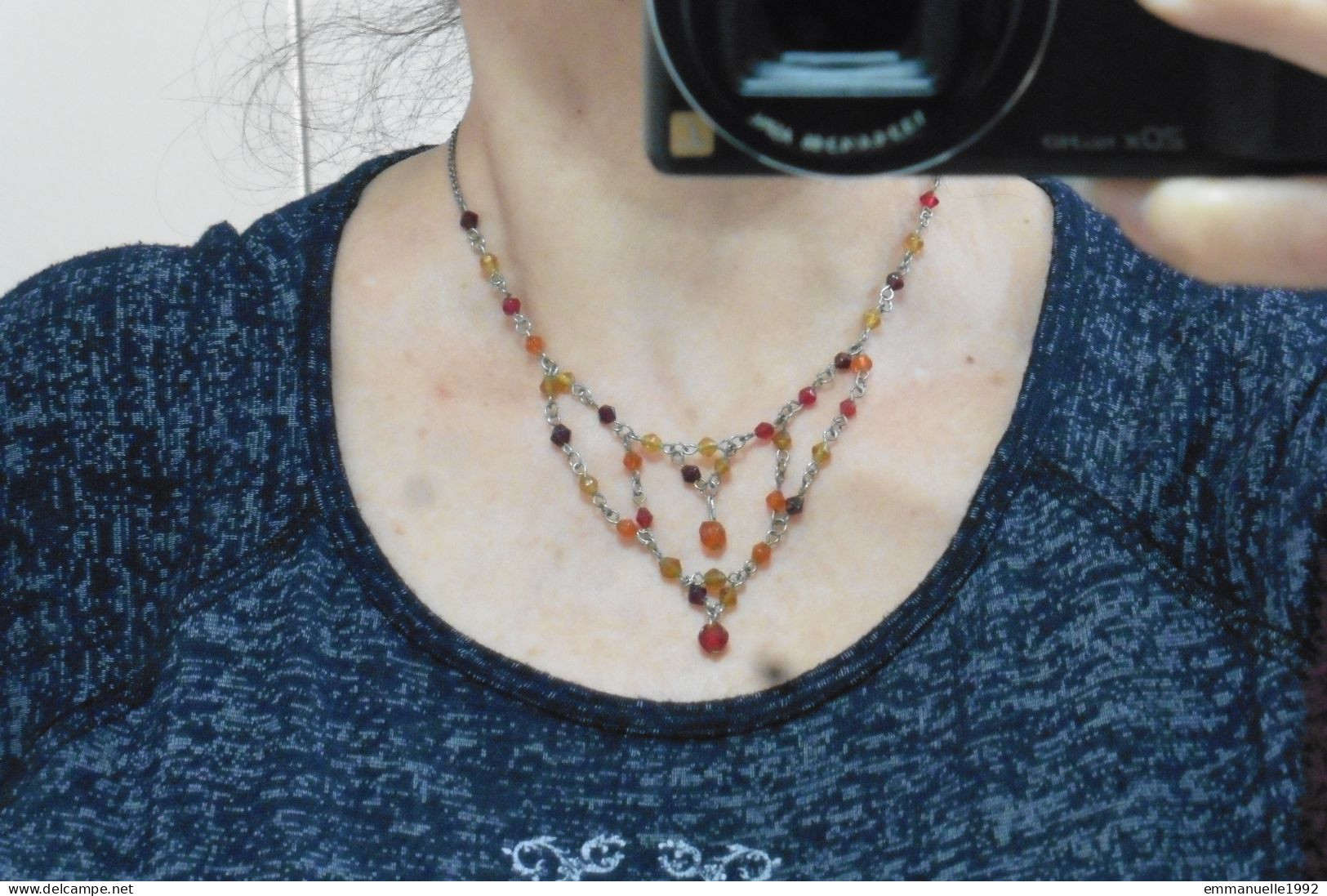 Collier 70s Ras De Cou Réglable Chaîne Métal Argenté Perles Cristaux Fantaisie Rouge Orange Jaune - Halsketten