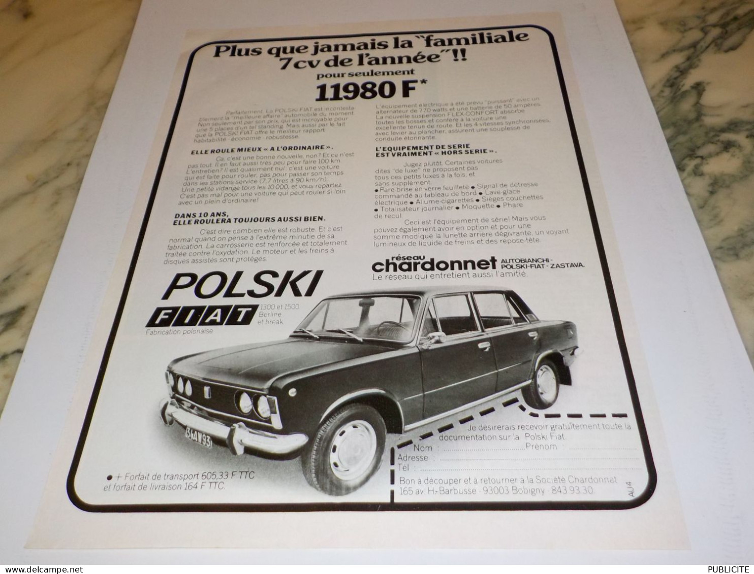 ANCIENNE PUBLICITE VOITURE POLSKI DE FIAT 1974 - Voitures